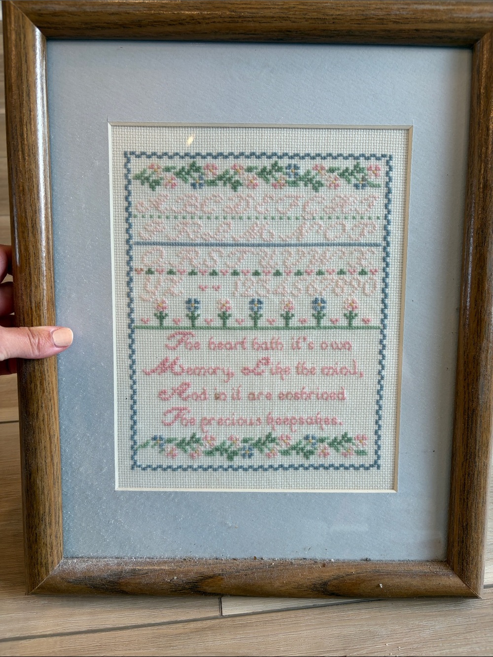 Vintage Framed Floral Cross-Stitch Sampler in Blue and Pink